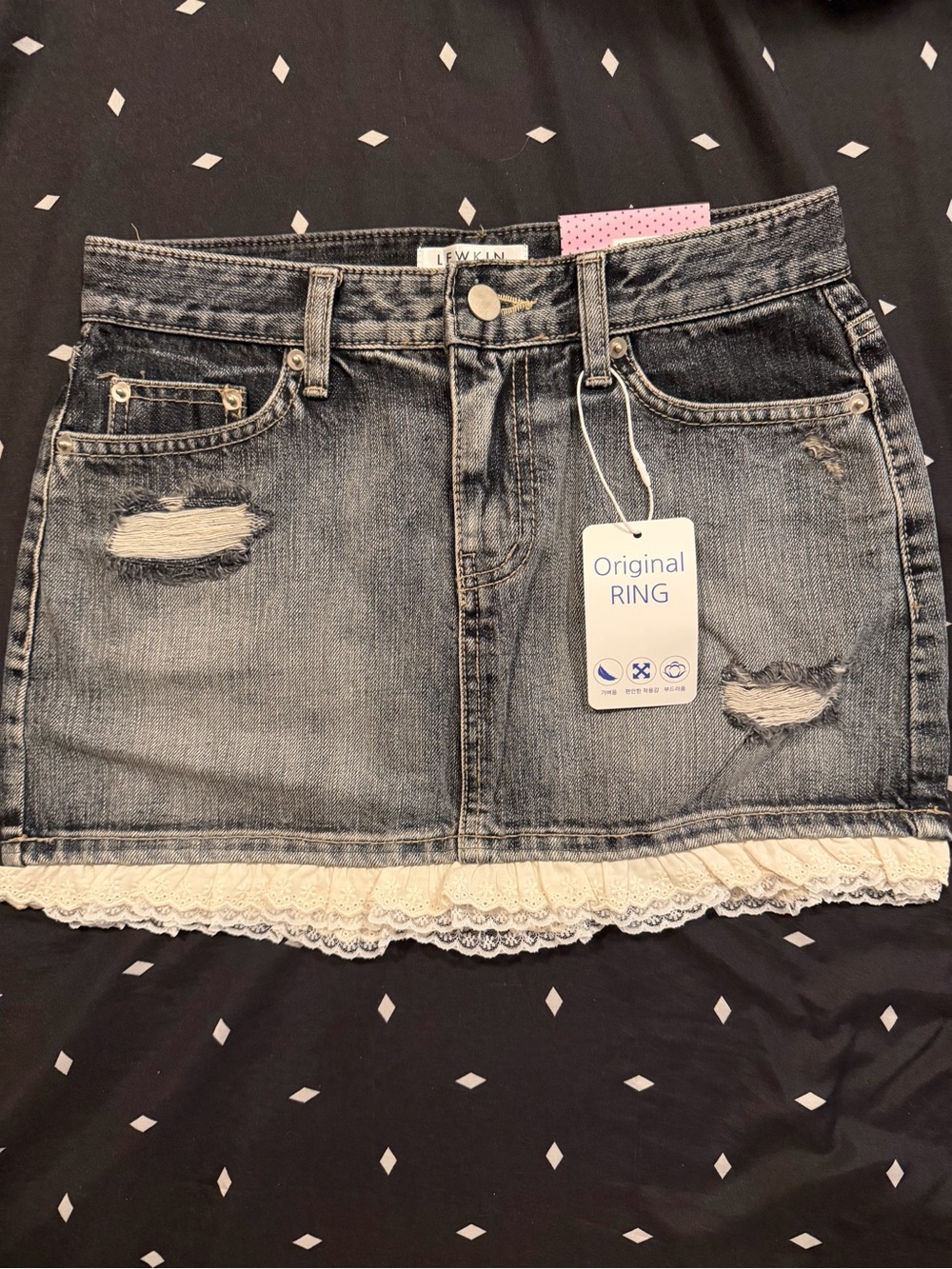 Distressed Denim Mini Skirt with Lace